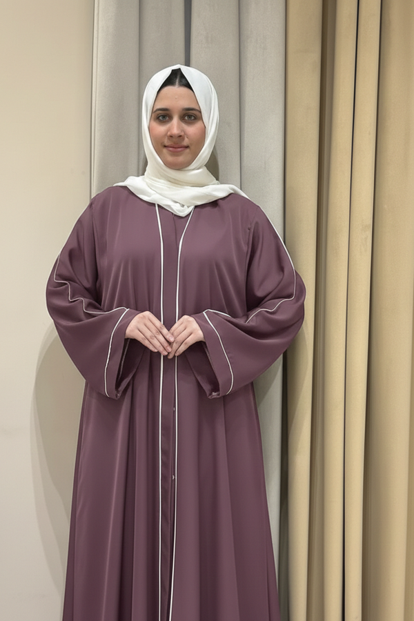 Basic mauve pink women piping abaya