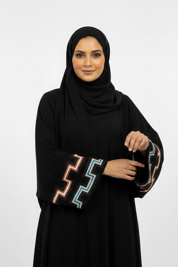 Women black zigzag Embroidery abaya