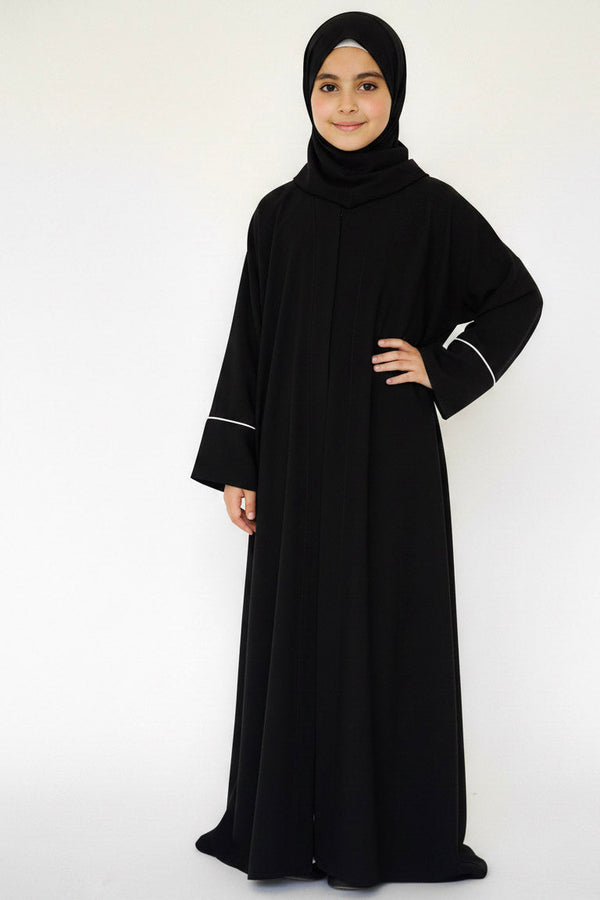 kids black basic with white piping abaya