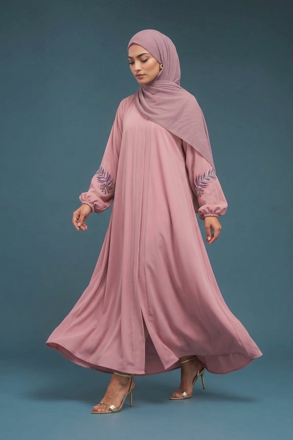 Pink Embroidered Flower Abaya