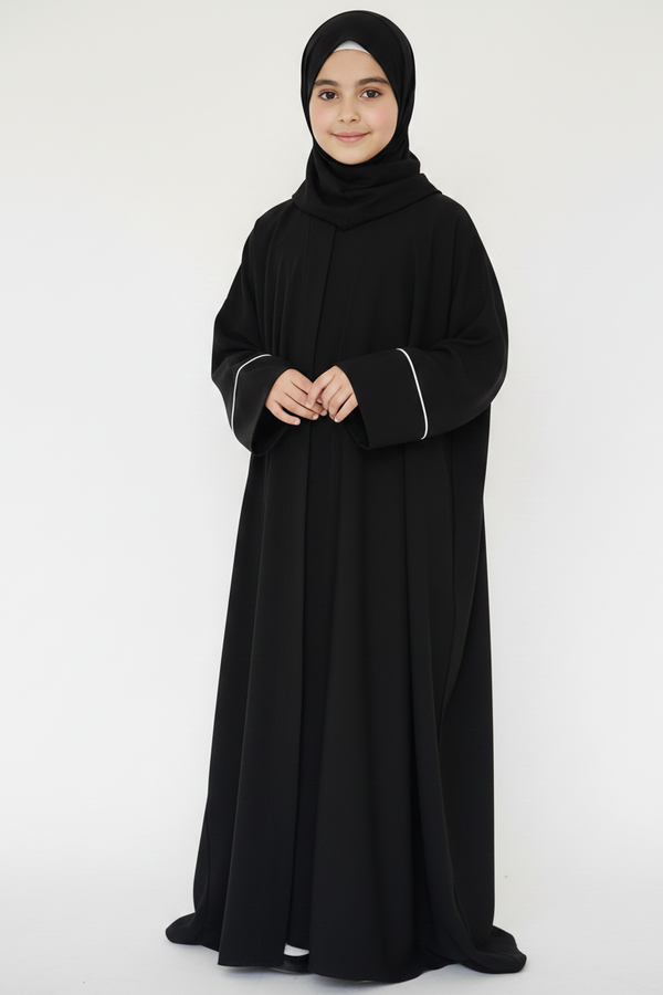 kids black basic with white piping abaya