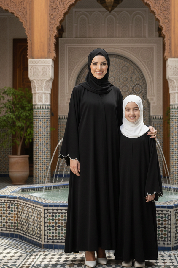 Mommy and Me abaya set with white cuttwork cuff