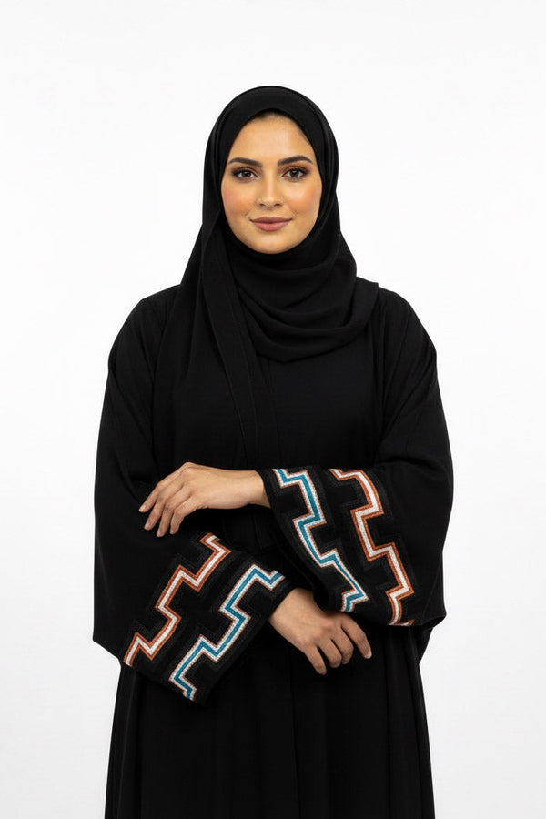 Women black zigzag Embroidery abaya