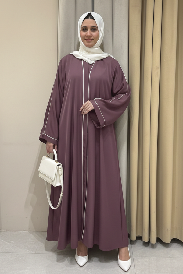 Basic mauve pink women piping abaya