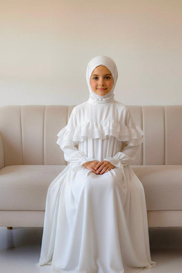Kids white frill abaya