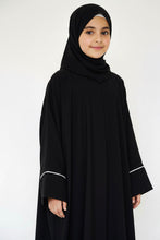 kids black basic with white piping abaya