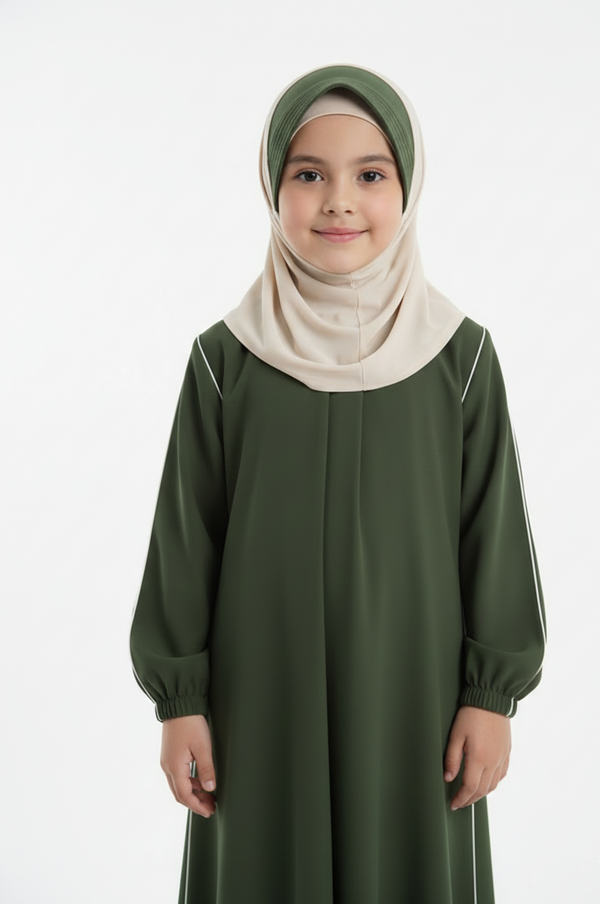 kids basic piping abaya-olive green