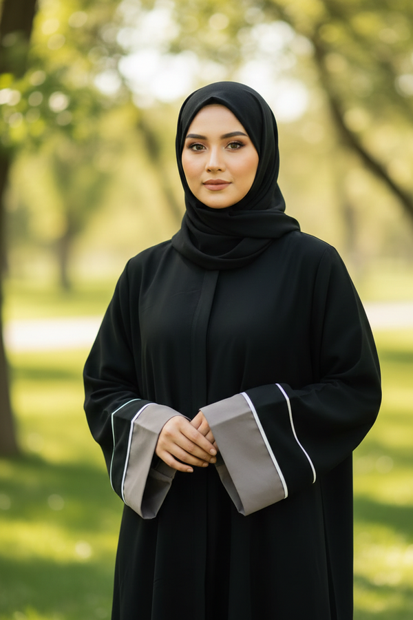 Black striking grey wide sleeves abaya