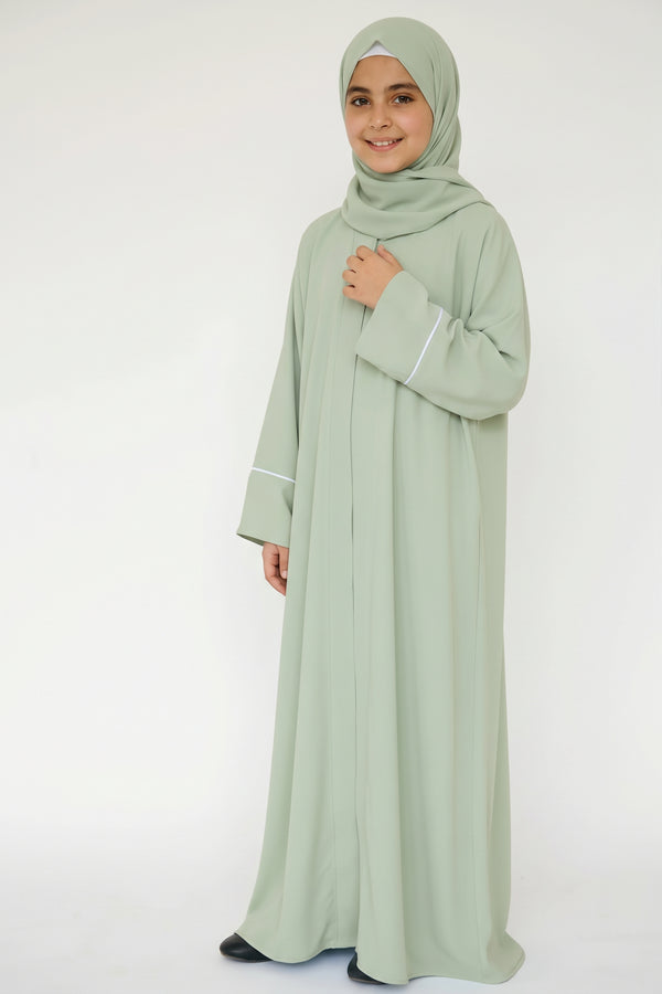 kids black basic with white piping abaya