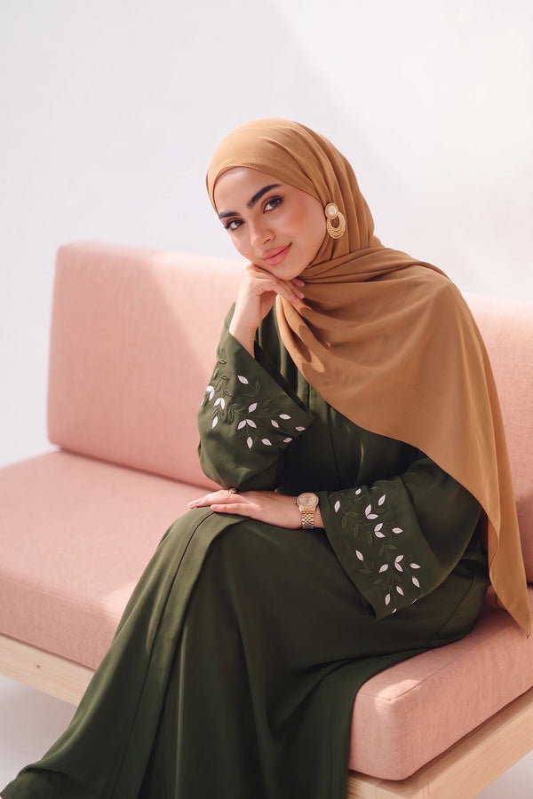 Olive Green Leaf SleeveEmbroidery Abaya
