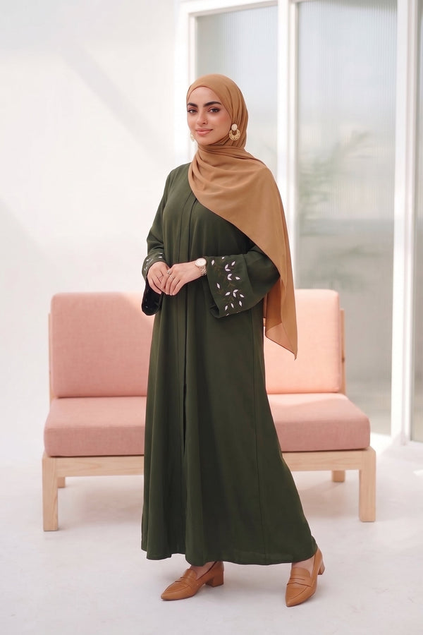 Olive Green Leaf SleeveEmbroidery Abaya