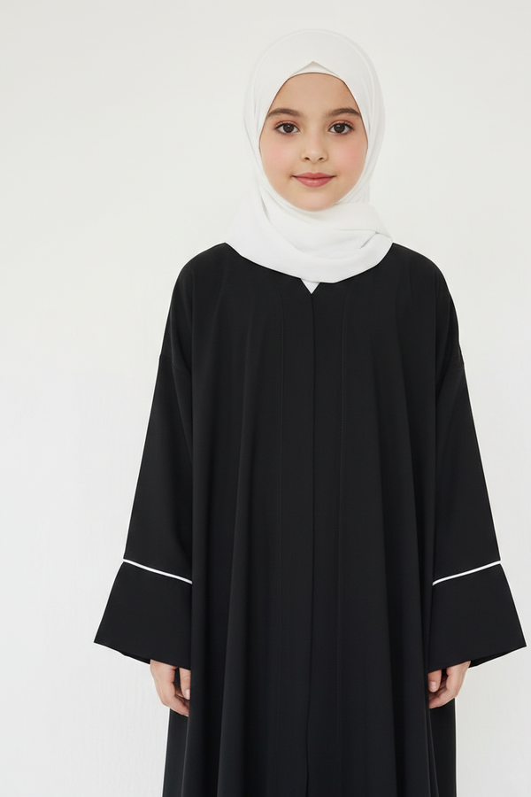 kids black basic with white piping abaya