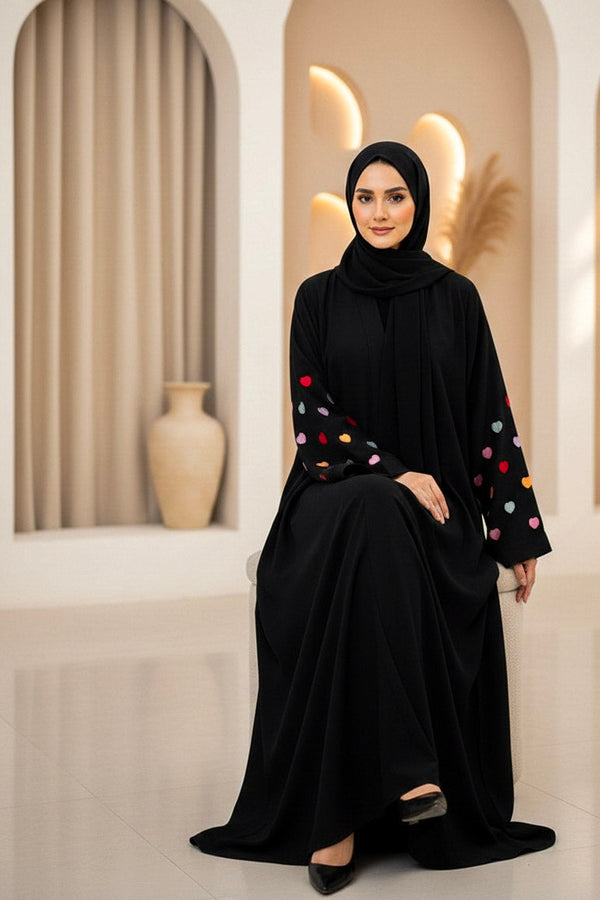 Women Black Multi Color Heartline Abaya