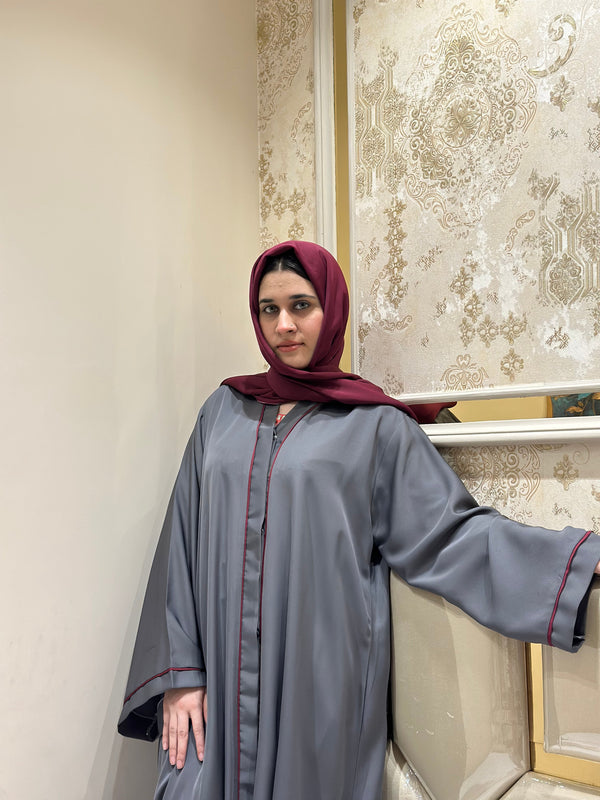 Grey Classic Abaya with Red Piping-11