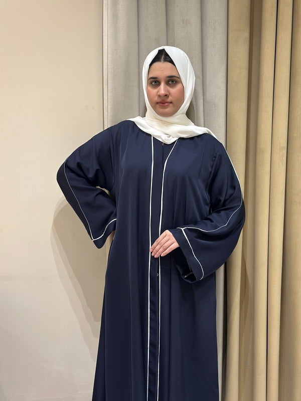 Blue Abaya with White Piping 1