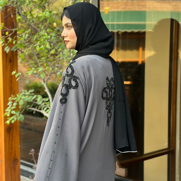 Elegant Grey Abaya with Black Handwork Detailing