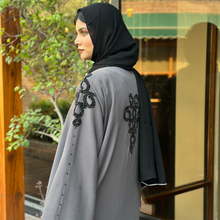 Elegant Grey Abaya with Black Handwork Detailing