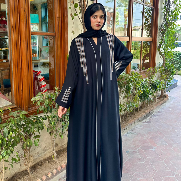 Elegant Taupe Abaya with White Piping and stone work