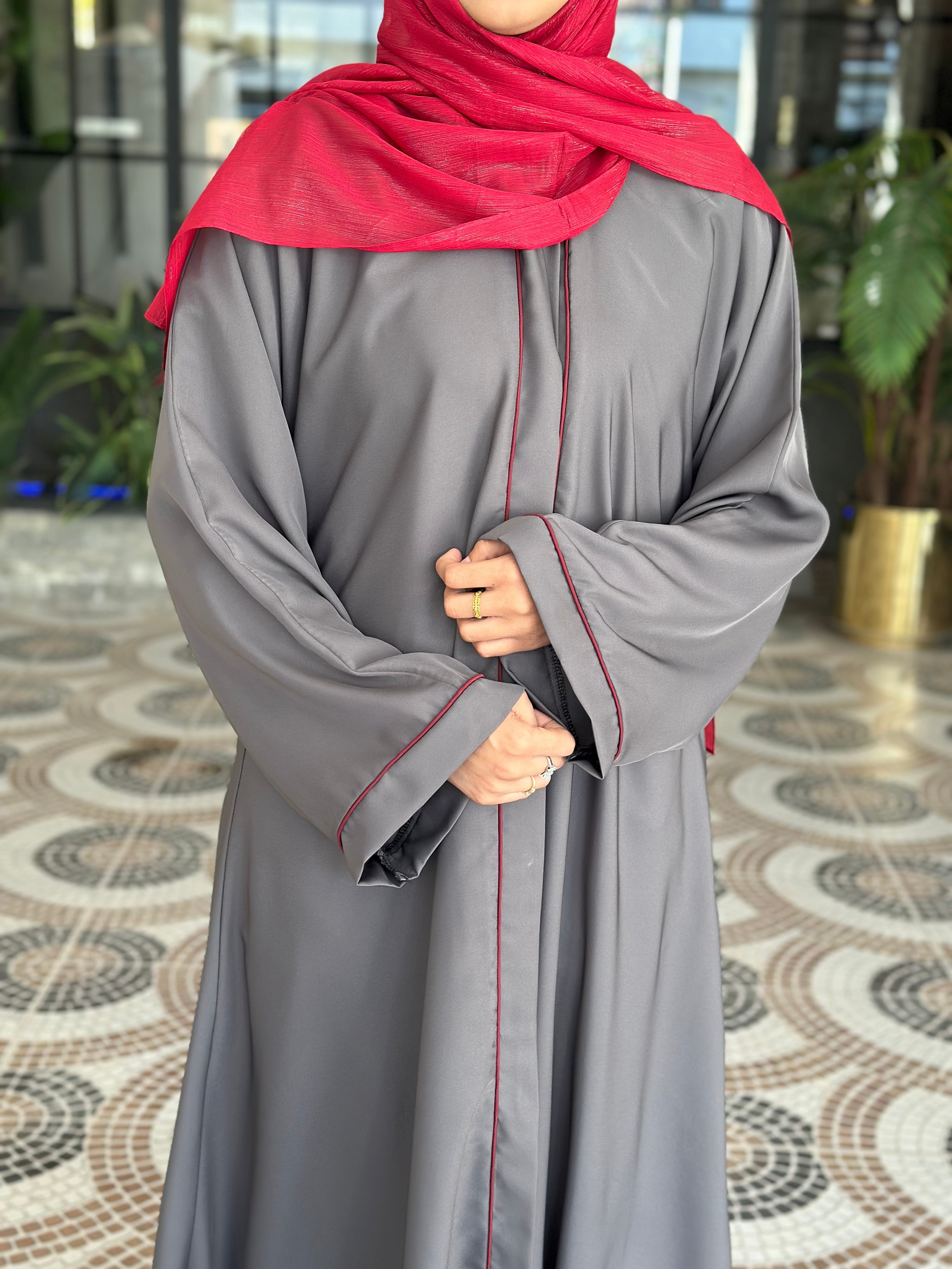 Grey Classic Abaya with Red Piping