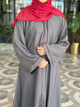 Grey Classic Abaya with Red Piping-11