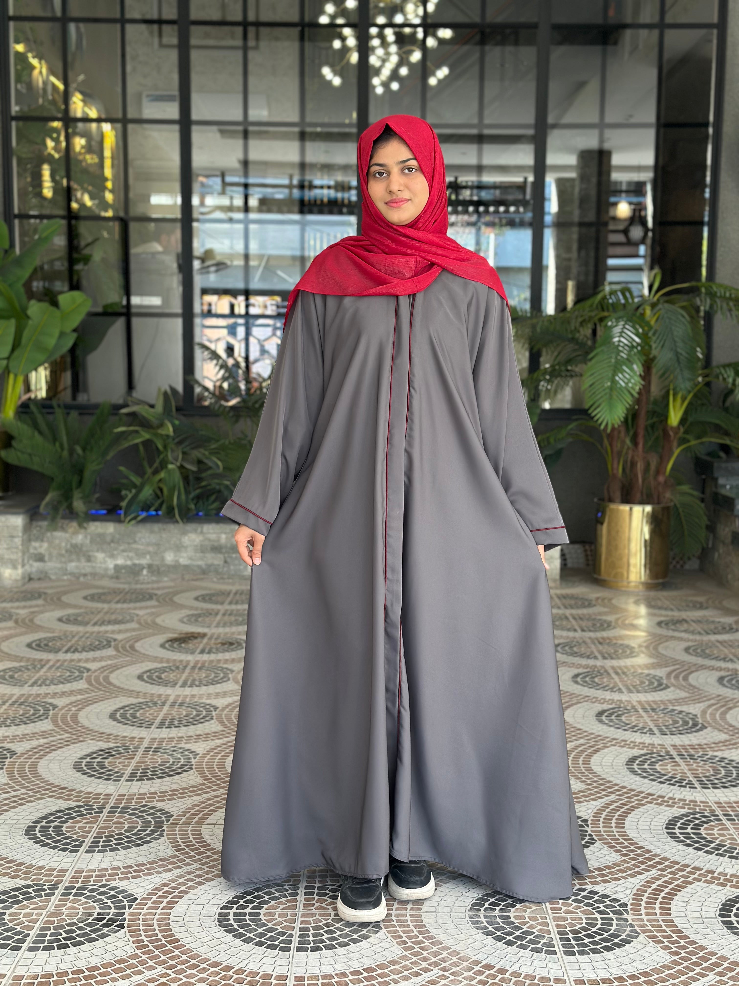 Grey Classic Abaya with Red Piping