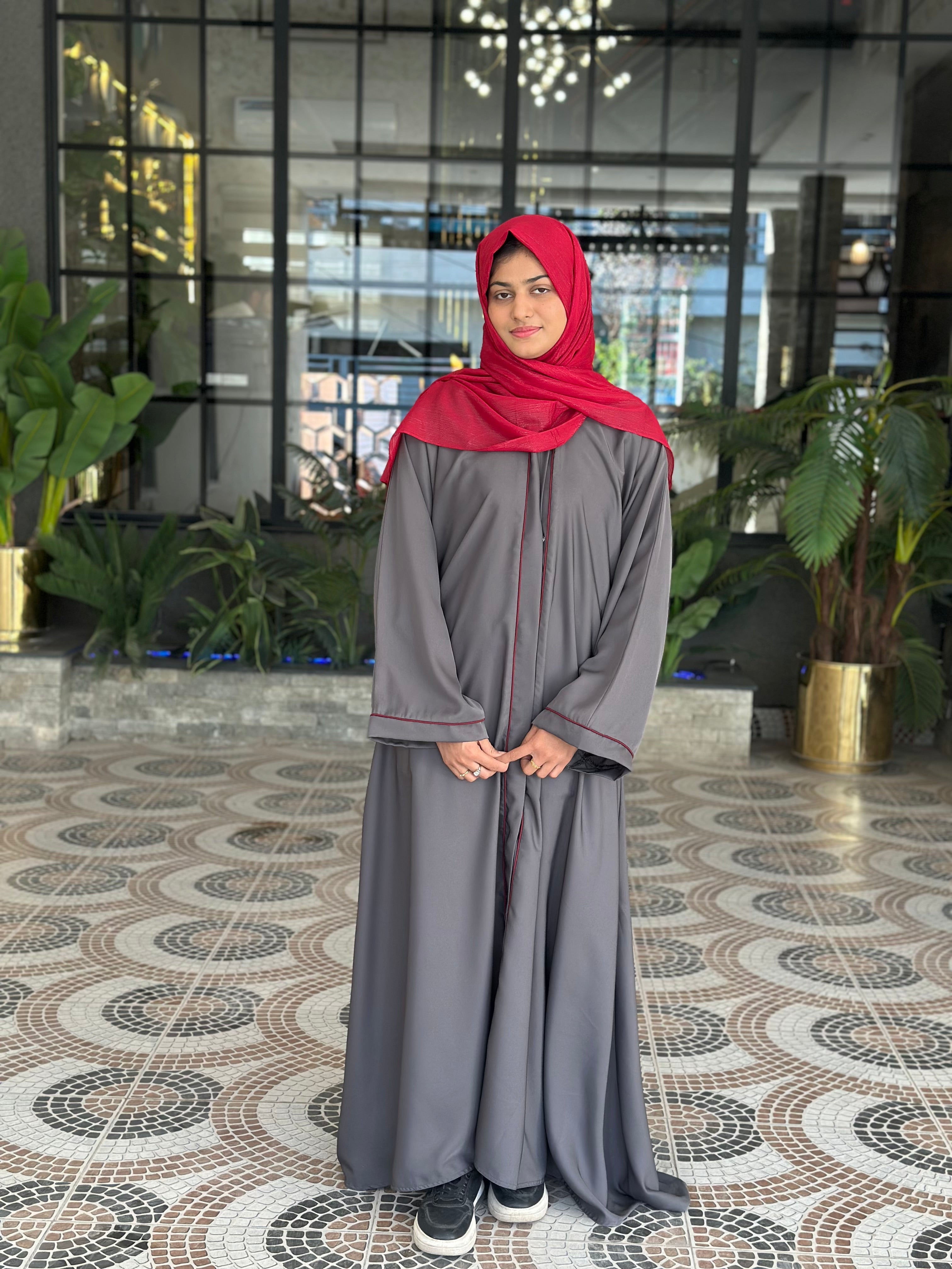 Grey Classic Abaya with Red Piping