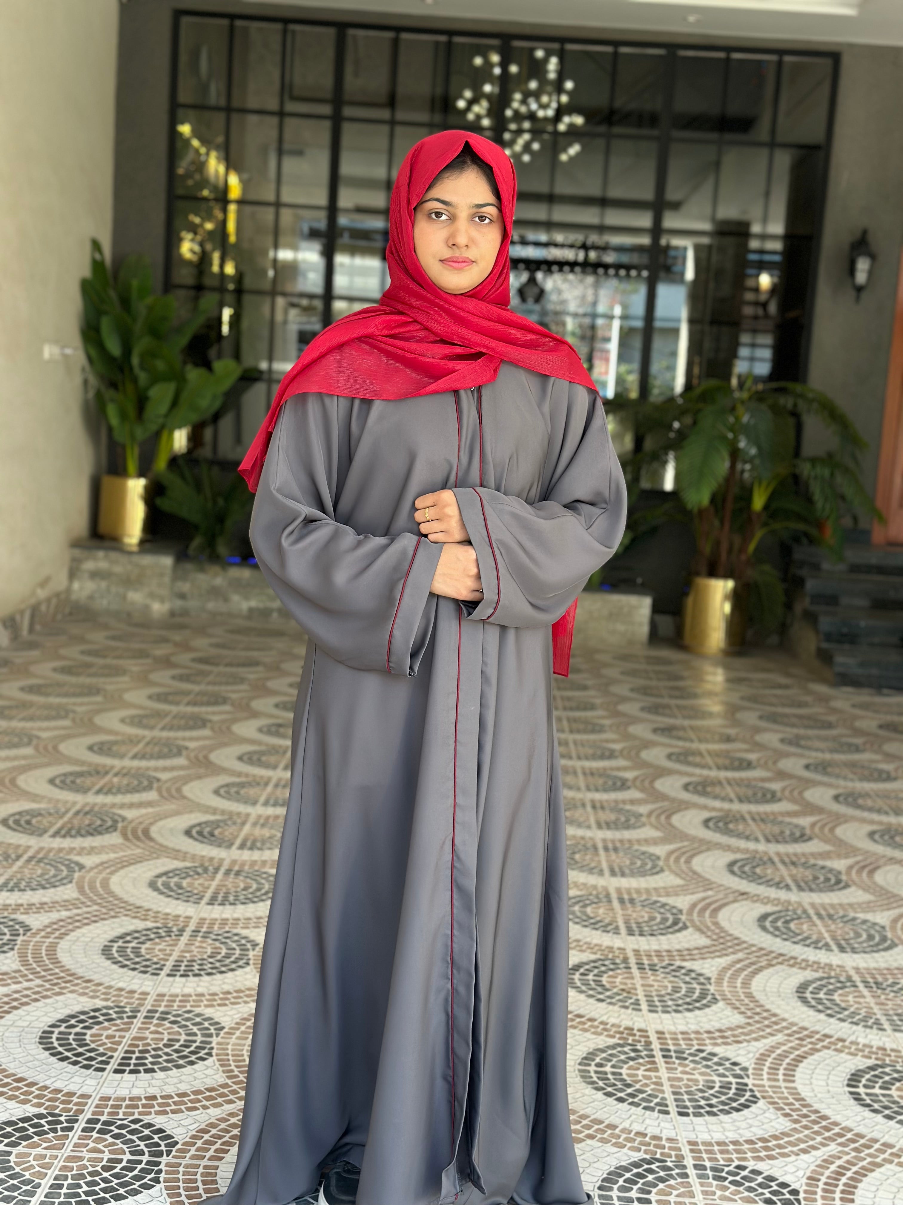 Grey Classic Abaya with Red Piping