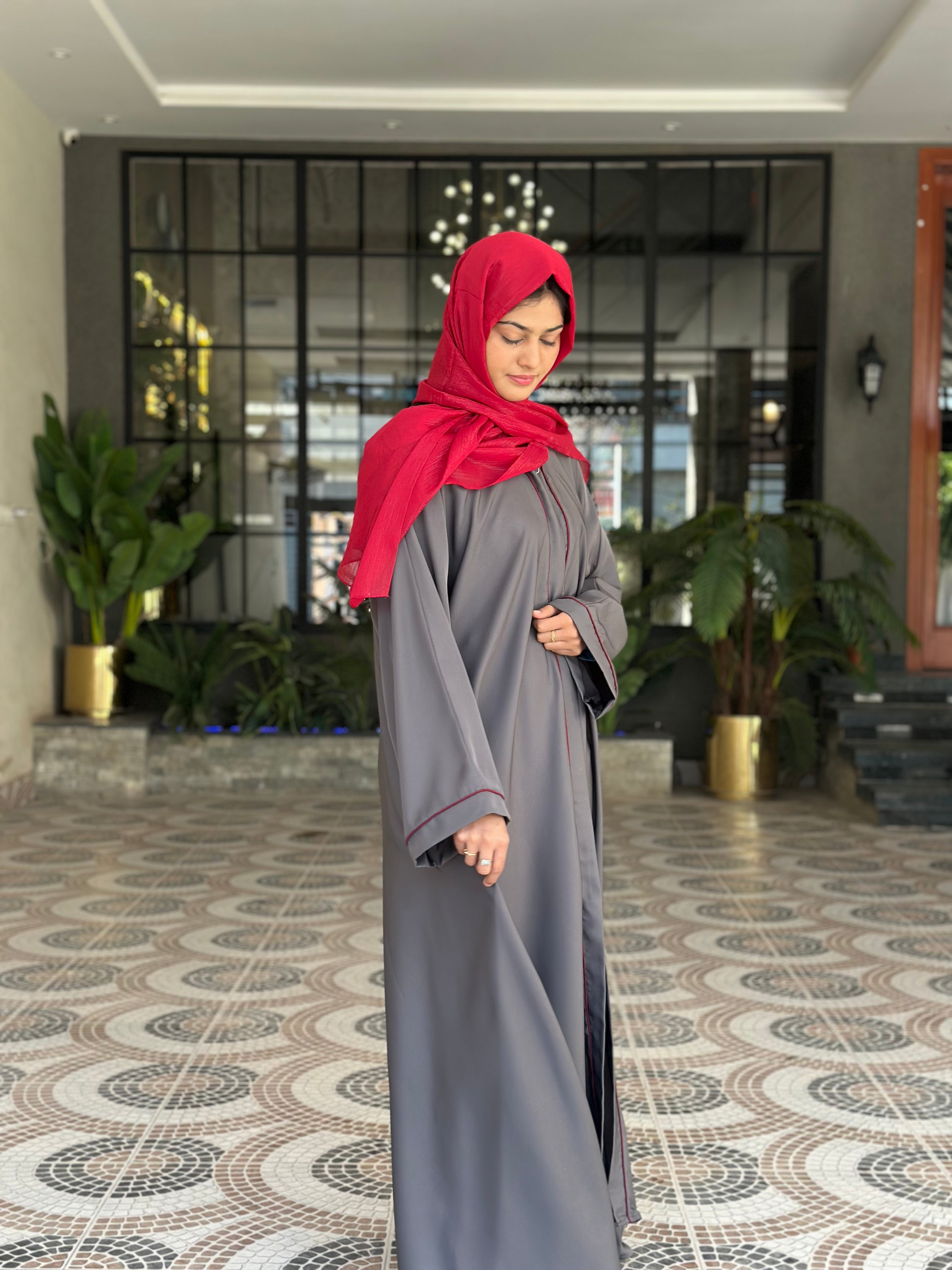 Grey Classic Abaya with Red Piping