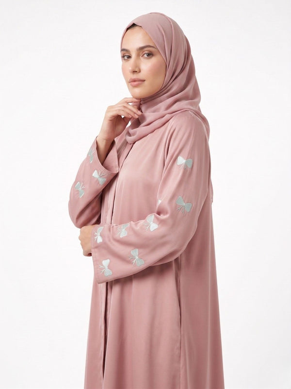 Pink Abaya With White Bow Emb