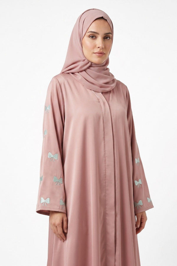Pink Abaya With White Bow Emb