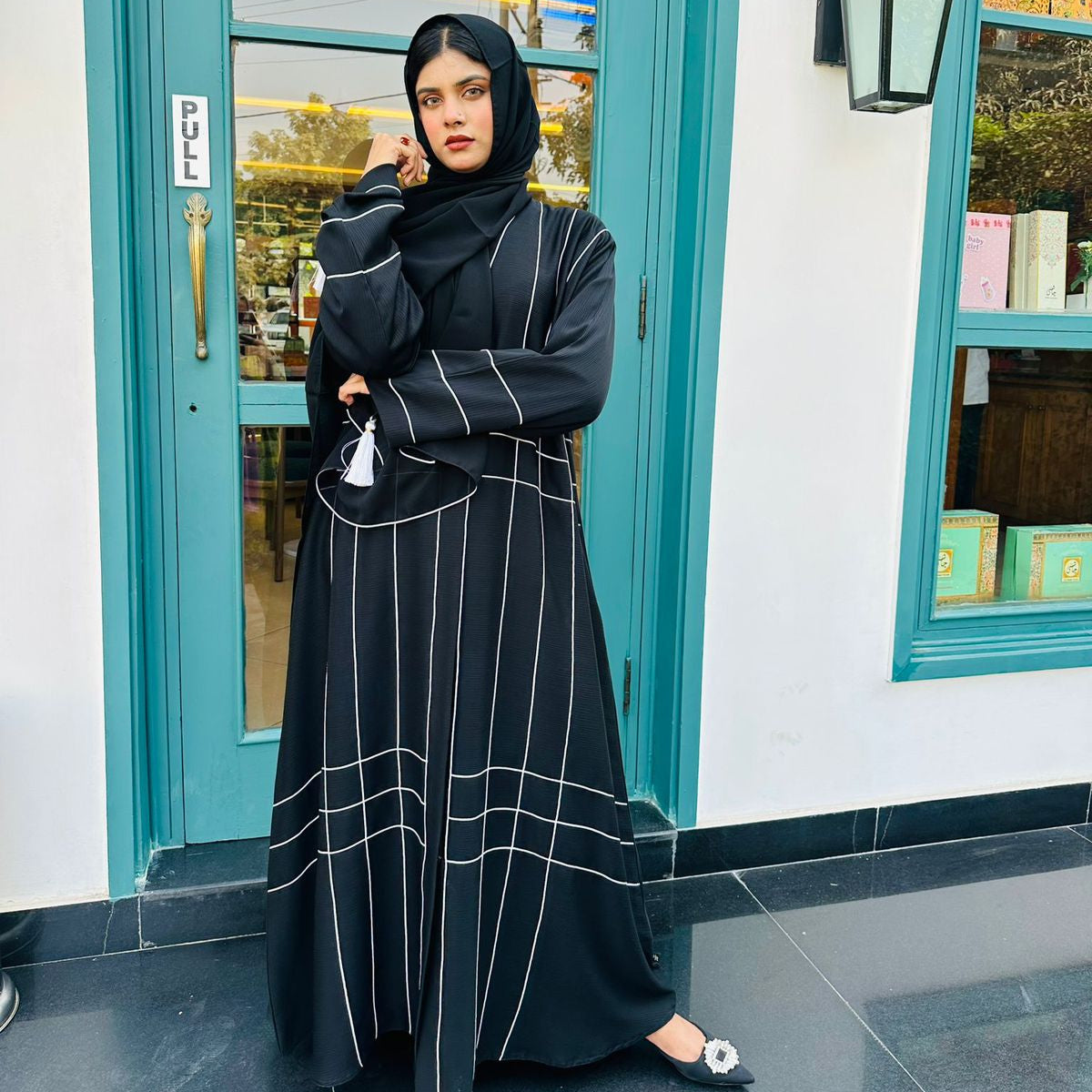 Modern Black Abaya with White Stripe Patterns