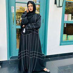 Modern Black Abaya with White Stripe Patterns