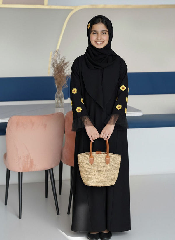 Kids Sunflower Embroided Abaya