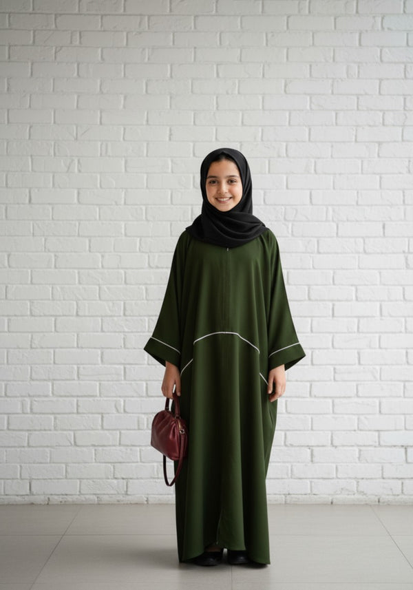 Kids Olive Piped Abaya