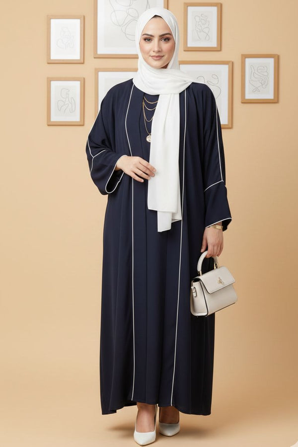 Luxury Navy Blue Double Layer Abaya Set with Separate Inner