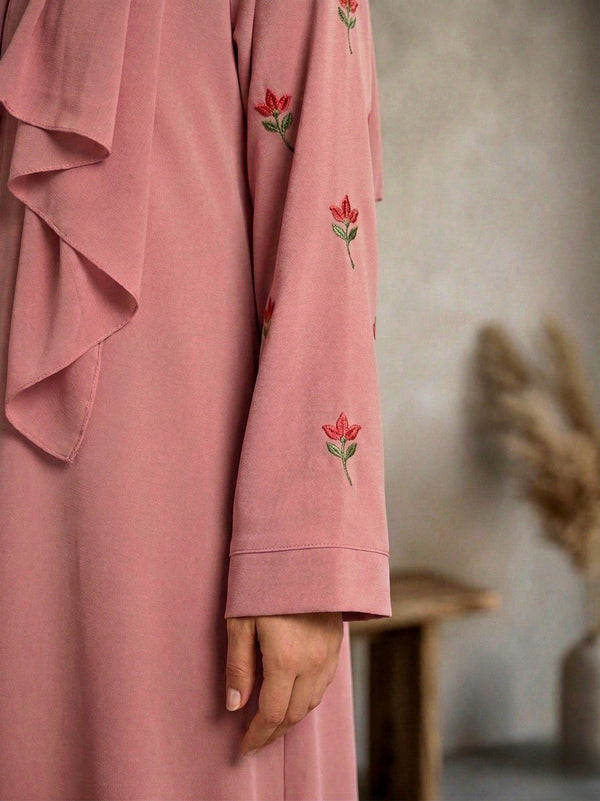 Pink Embroidered Flower Abaya