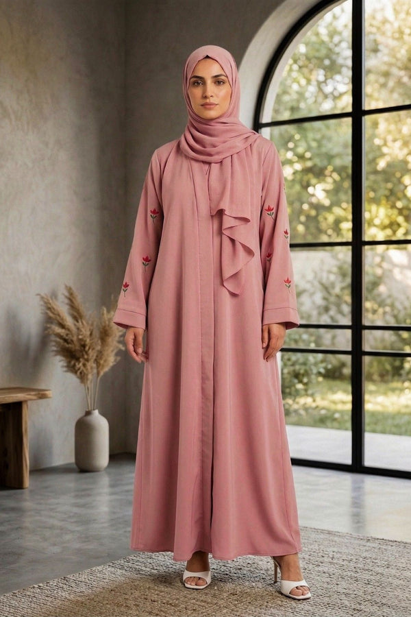 Pink Embroidered Flower Abaya