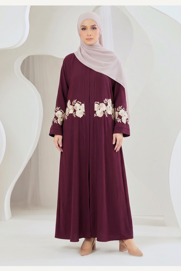 Mehroon gold Emb abaya