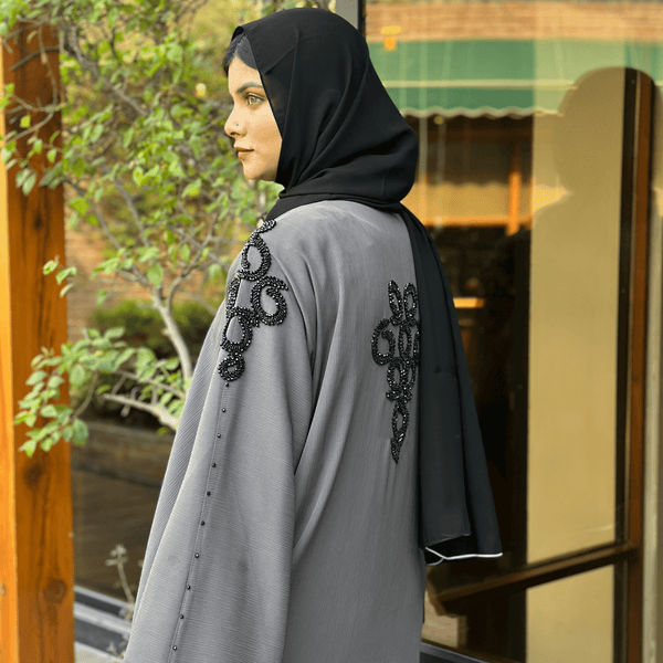 Elegant Grey Abaya with Black Handwork Detailing - Hijab by Dania
