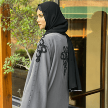 Elegant Grey Abaya with Black Handwork Detailing - Hijab by Dania