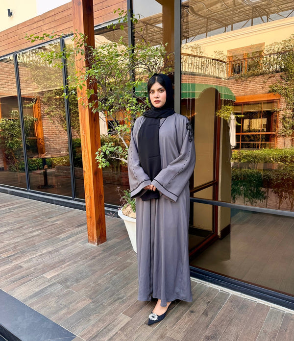 Elegant Grey Abaya with Black Handwork Detailing - Hijab by Dania