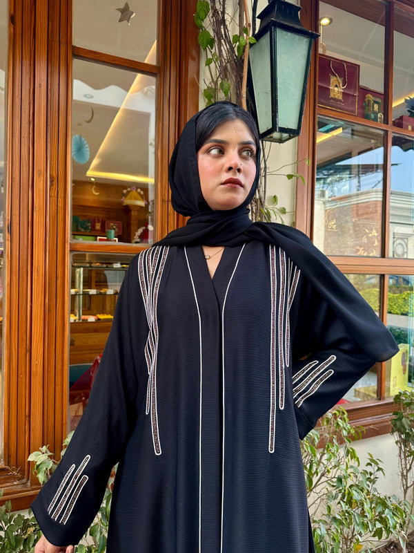 Elegant Taupe Abaya with White Piping and stone work - Hijab by Dania