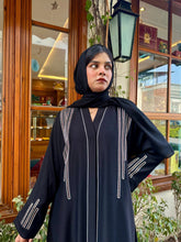 Elegant Taupe Abaya with White Piping and stone work - Hijab by Dania