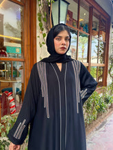 Elegant Taupe Abaya with White Piping and stone work - Hijab by Dania