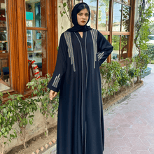 Elegant Taupe Abaya with White Piping and stone work - Hijab by Dania