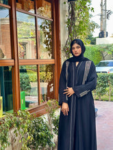 Elegant Taupe Abaya with White Piping and stone work - Hijab by Dania