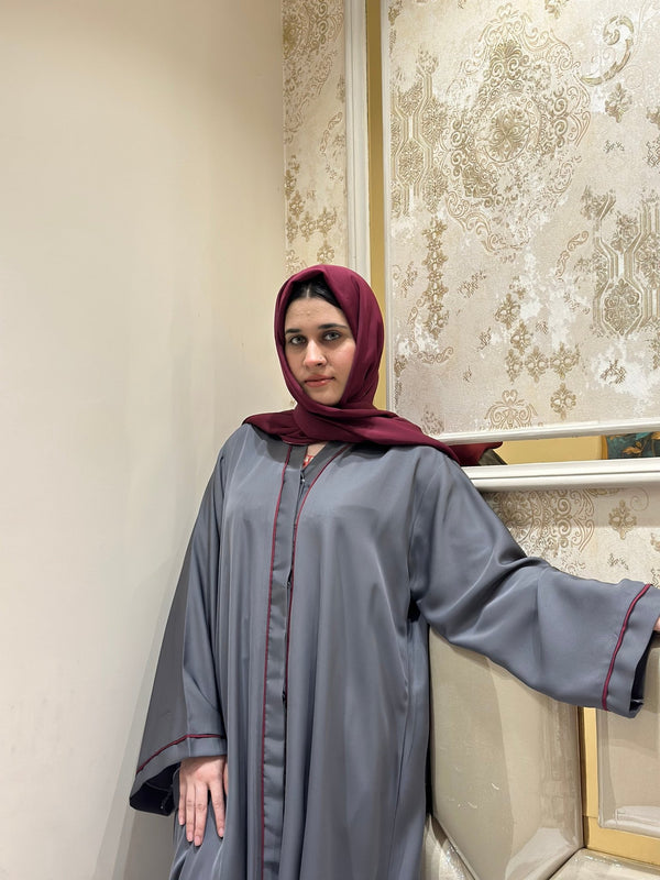 Grey Classic Abaya with Red Piping - 11 - Hijab by Dania