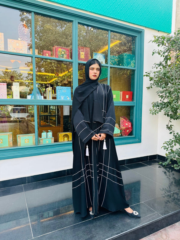 Modern Black Abaya with White Stripe Patterns - 163 - Hijab by Dania