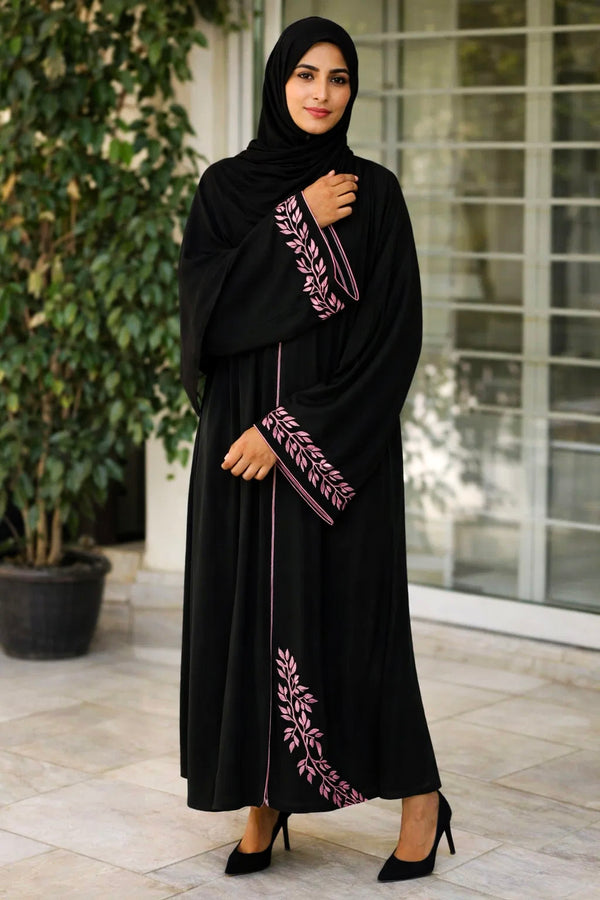 pink leaf-pattern embroidery abaya