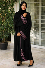 pink leaf-pattern embroidery abaya